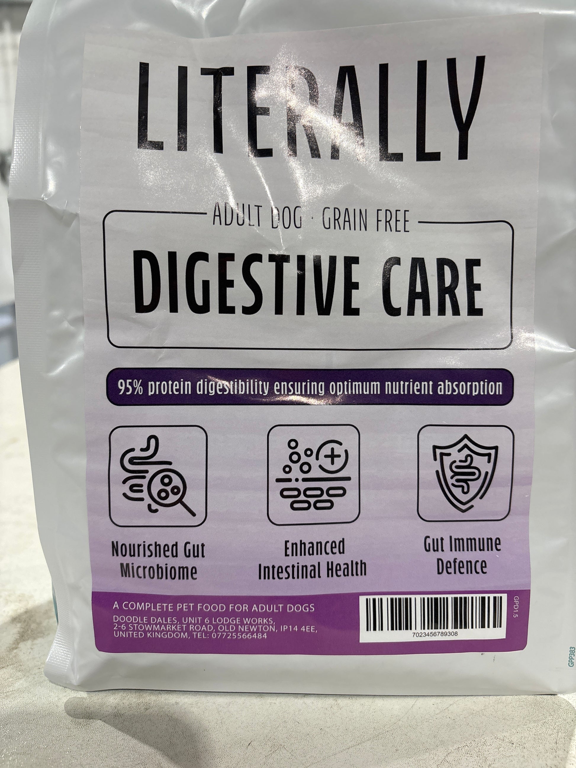 A package of Literally Digestive Care dog food with branding and product information.