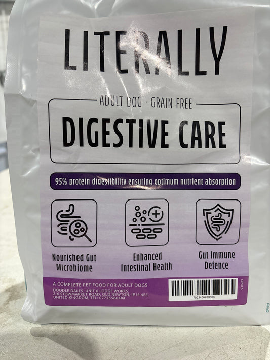 A package of Literally Digestive Care dog food with branding and product information.