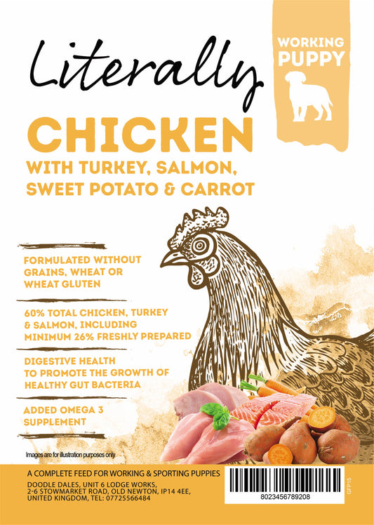 Literally Grain Free Puppy food. Working dog chicken, turkey & salmon 15kg