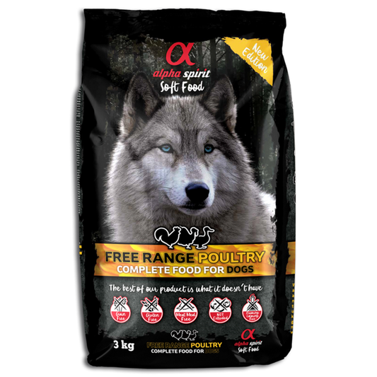 Alpha Spirit Semi moist dog food. Poultry