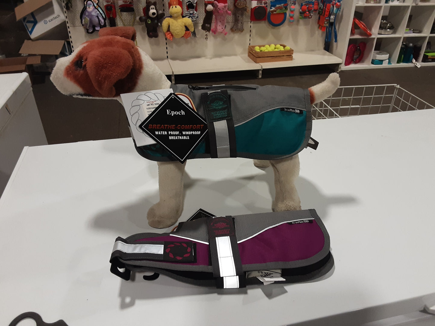 Animate harness zip dog coat. Grey/Teal