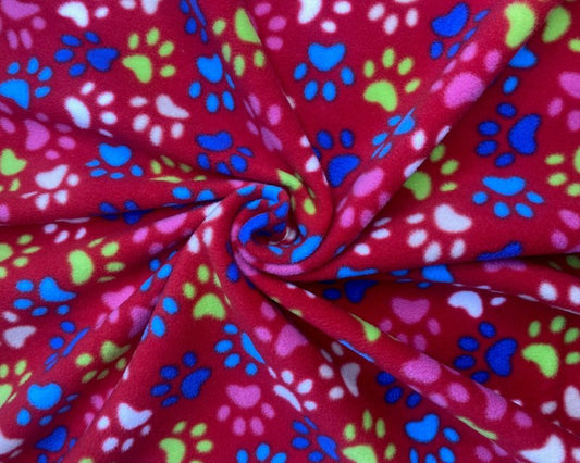 Dog onesie.  Fleece suit.  Red Multi paws