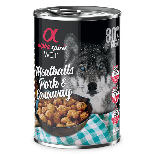 Alpha Spirit Pork with caraway canned meatballs for dogs 400g