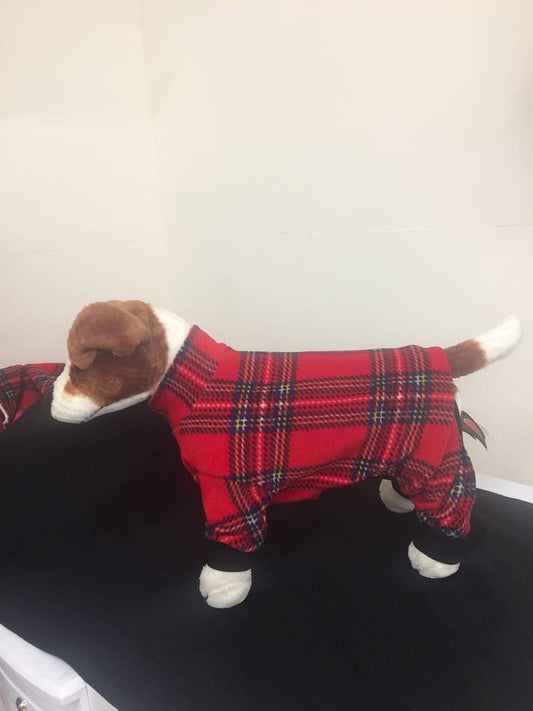 Dog onesie.  Fleece suit.   Royal Stewart Tartan